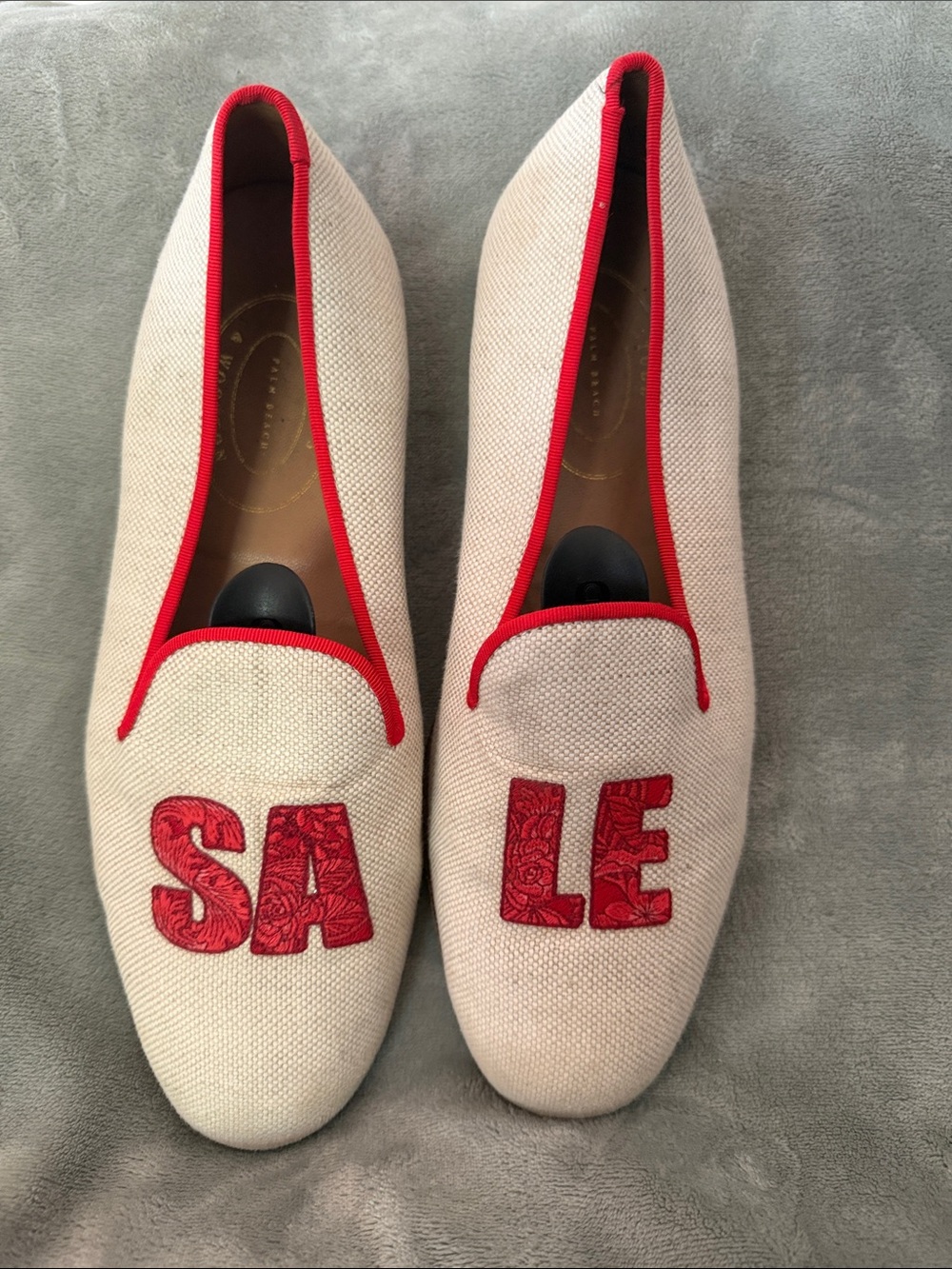 Stubbs & Wootton Ivory Canvas Loafers with Red Embroidered SALE